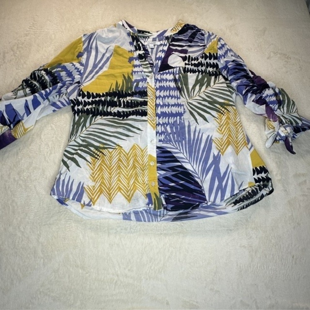 Chicos Tropical Palm Print Cotton Blouse Purple Yellow Size 3 US 16 570347667